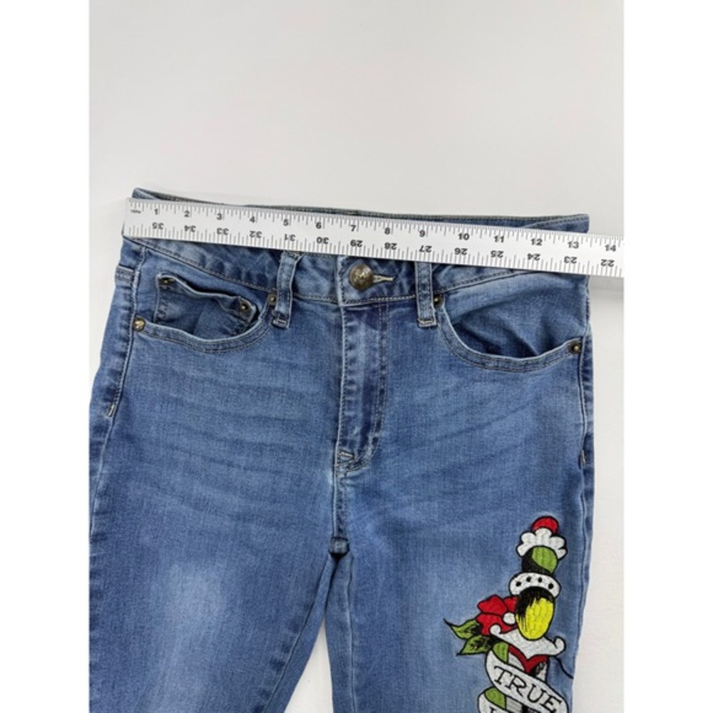 Ed Hardy Womens Flare Jeans Blue Tattoo True Love Eternal Graphic Y2K Size 26 - Picture 5 of 7